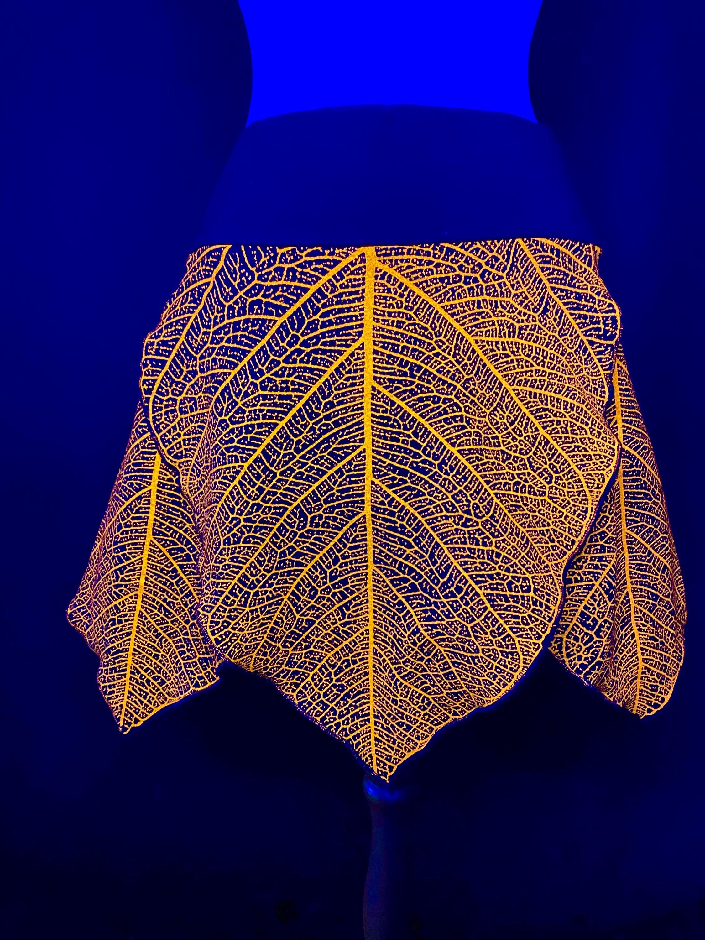 Ready to Ship - RAVE - UV React - Leaf Print Mini Skirt - Faerie Wear - 6 Leaf Skirt - Elf Wares - Pixie Clothing -