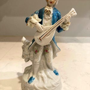 Vintage Dresden Style Musician playing the Lute - Porcelain Male Figurine - Intricate Statue of Man Playing Instrument