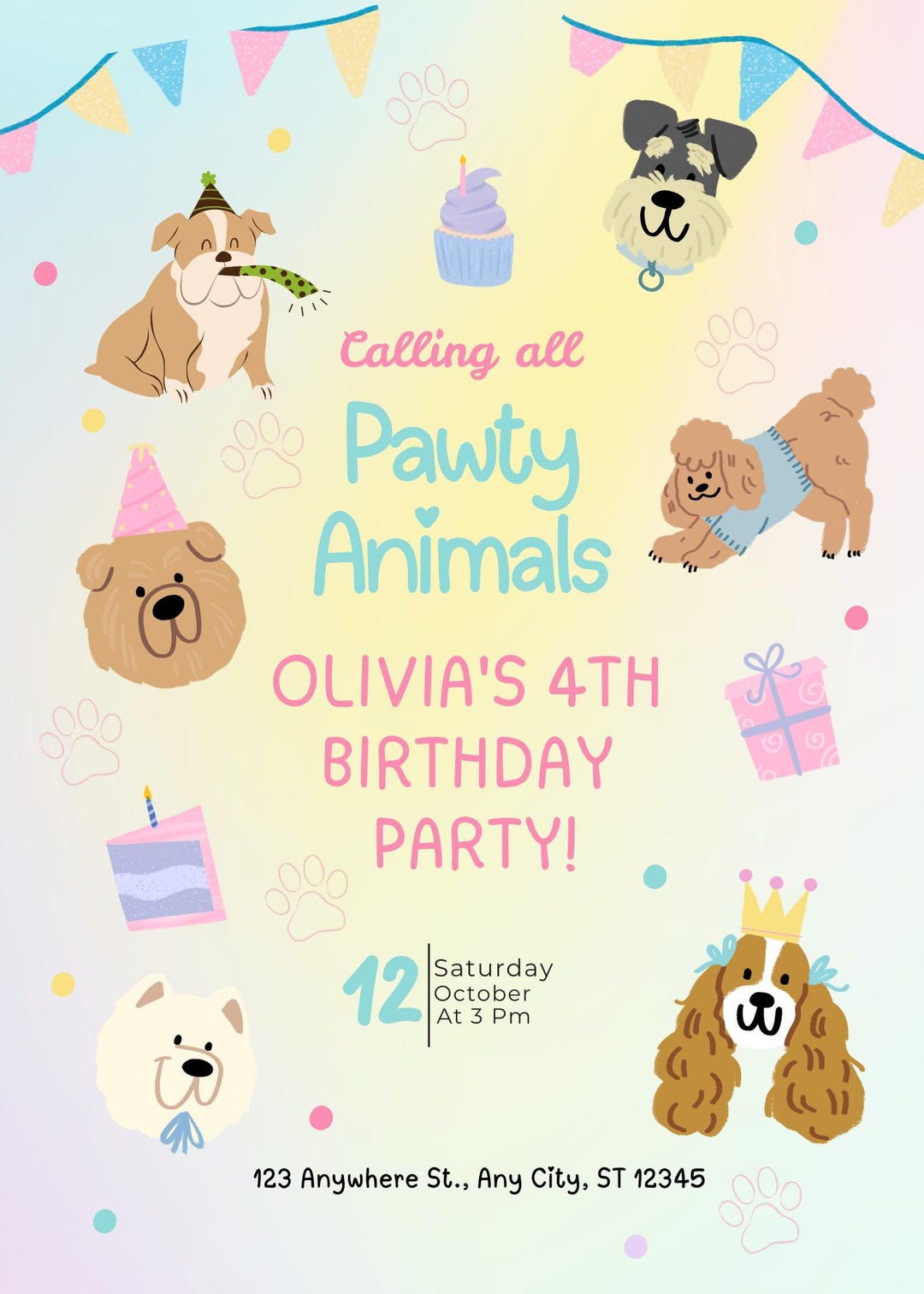 Editable Pet Birthday Invitation Canva Template - Dog Cat Party Invite ...