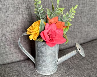 Mini Watering Can with Wood Flowers