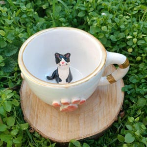 Fait main - Tasse patte de chat faite main - Chat 3D à l'intérieur - Jolie tasse à café en céramique - Cadeau parfait pour les amoureux des chats