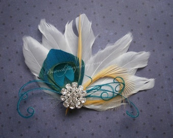 Bridal Peacock Facinator, Feather Hair PIece, Wedding Hair Accessory, peacock feather hair clip, Turquoise Peacock feather - WHITE OASIS