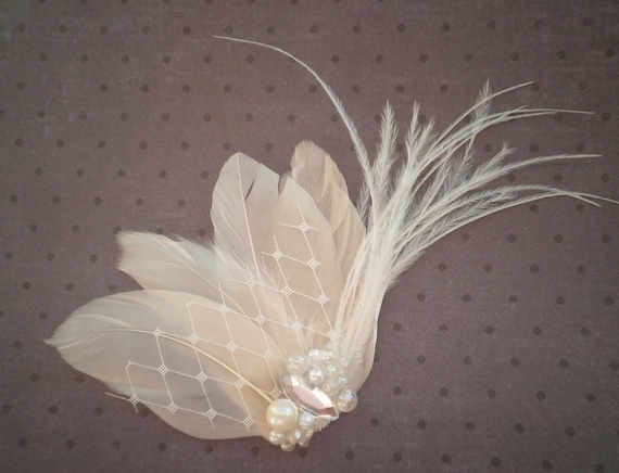 Ivory Bridal Fascinator Feather Hair Clip Celadon Green and Ivory Victorian Hair Clip | Wedding Hair  main image 2
