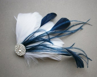 Blanco, Azul marino, Boda, cabello, accesorio, Novia, Accesorios, Pluma, clip para el cabello, fascinadores, Novia - NAVY WEDDING