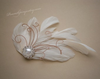 Ivory, Feather, Bridal, small, Fascinator, weddings, Feathered, Hair, Clip, Wedding, Accessories, pink - IVORY & PINK PEARL