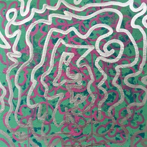 Lawn 2032 – Origineel abstract schilderij, acryl op canvas, hedendaagse futuristische kunst/groen, zilver en fuchsia roze, handgemaakt.