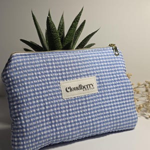Bolsa con cremallera y forro de cuadros azules / Neceser pequeño acolchado / Estuche para cosméticos con forro / Organizador de monedero con cremallera dorada / Bolsa de viaje