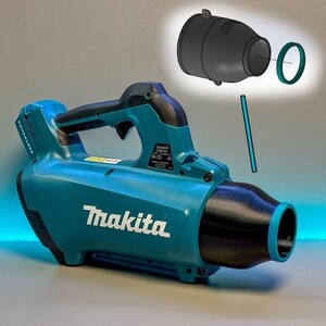 Op de afbeelding: Een turquoise en zwarte Makita DUB184 snoerloze blazer met een zwarte nozzle. De afbeelding bevat een explosie-aanzicht van de nozzle-componenten, inclusief een zwart opzetstuk en een groene ring. Het Makita-logo is prominent aanwezig.