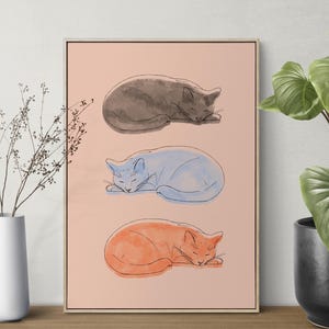 Minimalist Black, Blue, and Orange Cats Art Print, Watercolor Paint, Cat Lover Print, Minimalist Cat Wall Decor, Printable Cat Art