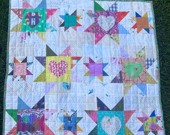 Star baby quilt, whimsical, colorful,yellow, bright