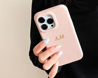 Custom Leather iPhone 16 Case with Monogram – Personalized Initials, Soft Pebbled Texture, Minimalist Gift for Her or Him, Protective Luxury