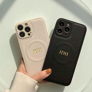 Op maat gemaakt leren iPhone-hoesje met monogram en MagSafe | Elegante initialen gepersonaliseerde telefoonhoes | Schokbestendige minimalistische hoes voor hem of haar