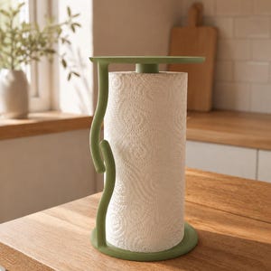 May include: A sage green paper towel holder with a circular base and a top plate connected by a curved vertical arm. The holder features a central spindle that supports a standard roll of white paper towels with a textured embossed pattern.