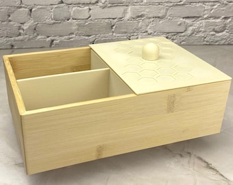 Natural Wood Organizer Box with Lid, Divided Vanity Storage, Bedroom Drawer Container