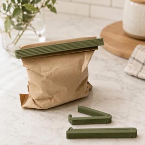Puede incluir: Una bolsa de papel marrón sellada en la parte superior con un clip de plástico largo de color verde oliva. Dos clips de plástico verde oliva adicionales se encuentran sobre la superficie frente a la bolsa, uno doblado en V y otro plano.