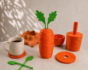 Carrot Coaster Set with Holder, Stackable 12 Piece Coffee Table Kitchen Decor Gift