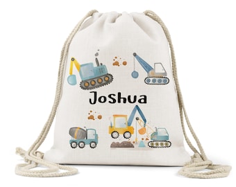 Personalised boys digger novelty construction cream drawstring bag, linen, , pe bag, nursery bag  , school bag