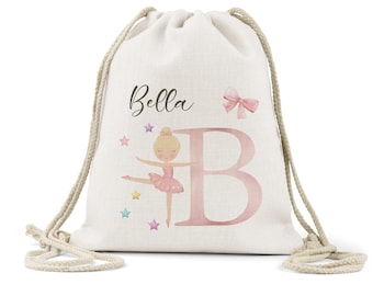 Personalised girls pastel ballerina stars   floral name and initial drawstring bag, linen, watercolour school nursery ,gym kit,