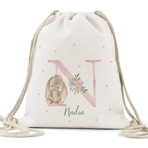 Personalised girls sweet bunny drawstring bag, linen,bunny, daughter, niece, goddaughter, friend, special birthday gift, shoe bag