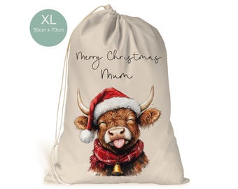 Personalised xl Highland cow drawstring christmas sack..cute highland cow merry christmas  xmas present sack gift bag