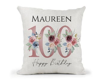 Personalised  100th special birthday cushion 100th birthday pink & blue floral mum, nan, friend,sister gift