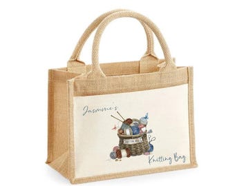 Personalised jute bag xl.. .. knitting bag.. knitting basket grandma, nan, mum, friend, gift.. knitting bag  butterflies