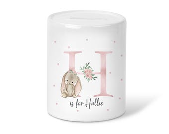 Personalised girls cute bunny name initial girls gift money box-ceramic piggy bank-money saving gift