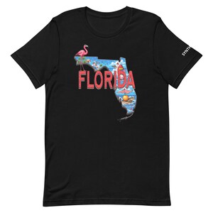 Chemise Floride 4 juillet - Carte rétro Sunshine State avec flamant rose, fusée et alligator