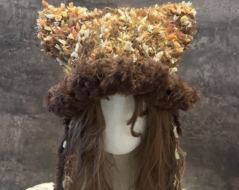 Handcrafted Cat Ear Beanie, Fuzzy Cat Ear Earflap Beanie - Handmade Crochet Winter Hat, Knit Hat,  Plush and Warm
