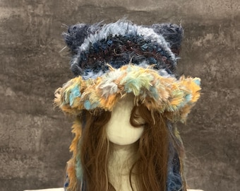 Handmade Cat Ear Hood, Fairycore Cosplay Hood, Crochet Woodland Hood, Renaissance Faire Hood, Halloween Costume, Fantasy Festival Hood