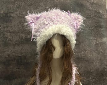 Crochet Cat Ear Beanie, Fluffy Pastel Furry Winter Hat