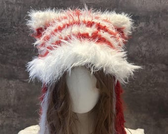 Fuzzy Cat Ear Earflap Beanie - Handmade Crochet Winter Hat