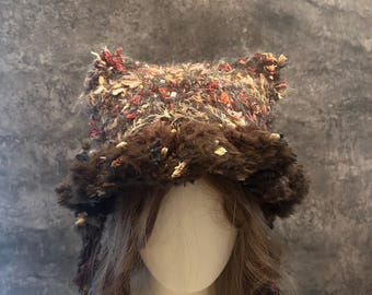 Fuzzy Cat Ear Earflap Beanie - Handmade Crochet Winter Hat