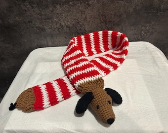Crochet Dachshund Scarf, Striped Sausage Dog, Handmade Winter Scarf
