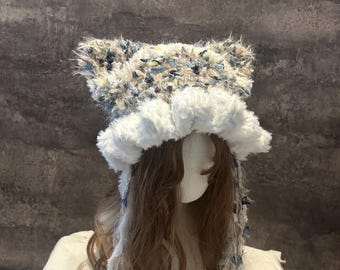 Crochet Cat Ear Beanie, Fluffy Furry Hat, Handmade