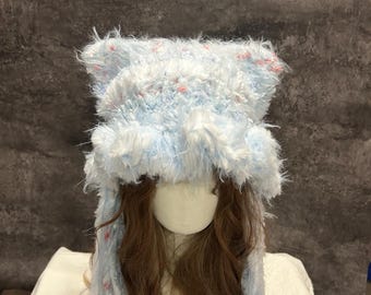 Handmade Blue White Crochet Cat Ear Hood, Fluffy Fairycore Halloween Hat, Kawaii Winter Hood for Everyday Wear