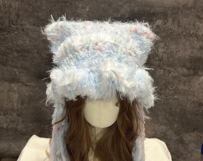 Featured listing image: Handmade Blue White Crochet Cat Ear Hood, Fluffy Fairycore Halloween Hat, Kawaii Winter Hood for Everyday Wear
