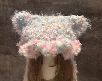 Short Style Cat Ear Beanie - Cozy & Handmade Crochet Winter Hat,Macaron Colors