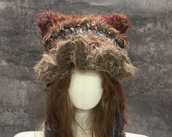 Handmade Desert Rose Crochet Cat Ear Hood, Halloween Fairycore Hat, Fluffy Woodland Hood for Everyday Wear