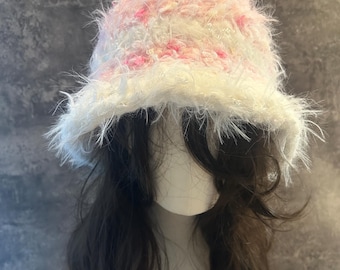 Fluffy Crochet Fuzzy Bucket Hat, Pink Winter Furry Fisherman Hat, Handmade Limited Holiday Edition, Unique Christmas Gift for Her
