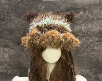 Handmade Brown Crochet Cat Ear Hood, Woodland Fairycore Halloween Hat, Fluffy Goblincore Hood for Everyday Wear
