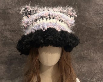 Handcrafted Cat Ear Beanie, Fuzzy Cat Ear Earflap Beanie - Handmade Crochet Winter Hat, Knit Hat
