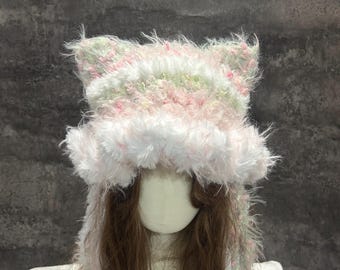 Pastel Cat Ear Hood, Handmade Crochet Fairycore Hood, Kawaii Cosplay Hood, Renaissance Faire, Halloween Costume, Cottagecore Hood