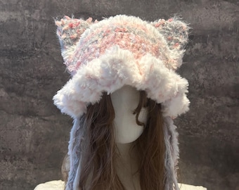 Handcrafted Cat Ear Beanie, Fuzzy Cat Ear Earflap Beanie - Handmade Crochet Winter Hat, Knit Hat