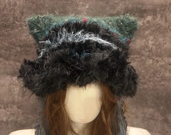 Handmade Shadow Moss Crochet Cat Ear Hood, Black Green Halloween Hat, Dark Fairycore Hood for Everyday Wear