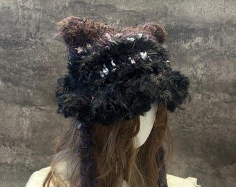 Black & Purple Handcrafted Cat Ear Beanie, Fuzzy Cat Ear Earflap Beanie - Handmade Crochet Winter Hat, Knit Hat,  Plush and Warm