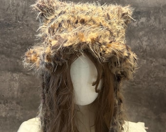 Crochet Cat Ear Beanie, Fluffy Furry Winter Hat, Handmade