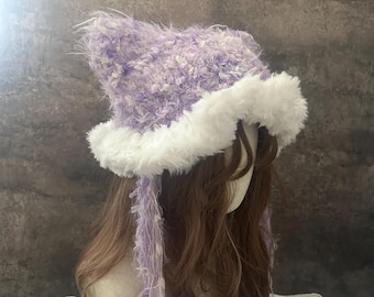 Crochet Cat Ear Beanie, Fluffy Furry Pastel Kawaii Winter Hat