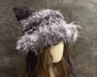 Black & Purple Handcrafted Cat Ear Beanie, Fuzzy Cat Ear Earflap Beanie - Handmade Crochet Winter Hat, Knit Hat,  Plush and Warm