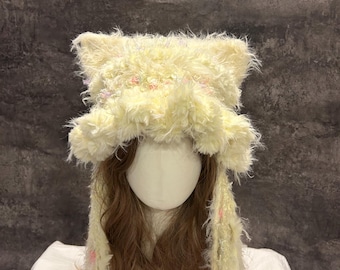 Handmade Yellow Crochet Cat Ear Hood, Fluffy Fairycore Hat, Pastel Halloween Hood for Everyday Wear